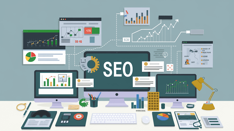 Arbeitsbereich mit Monitoren, die aktuelle SEO-Trends und visuelle Analysen zeigen.