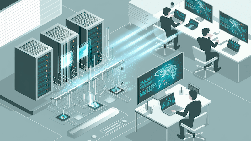 Serverraum mit Mitarbeitern, die an Bildschirmen arbeiten und KI-Datenströme analysieren.