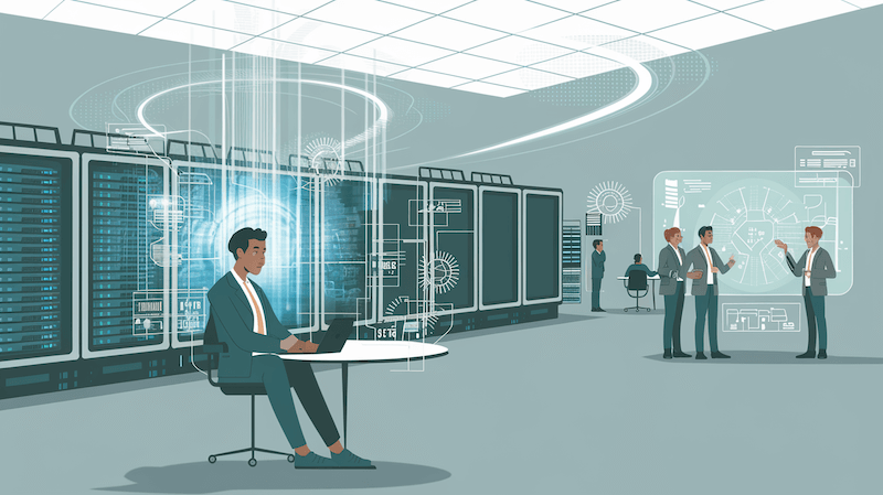 Mitarbeiter in einem Serverraum, die Herausforderungen bei der Implementierung von KI analysieren.