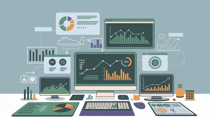 Arbeitsbereich mit Monitoren, die SEO-Analysen und Strategien für E-Commerce-Websites anzeigen.