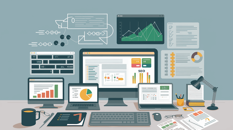 Monitore und Geräte, die SEO-Optimierungstools für Keyword-Analyse, Link-Building und Traffic-Überwachung anzeigen.