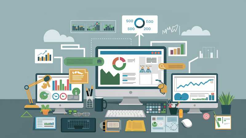 Arbeitsplatz mit Monitoren, die die wichtigsten Konzepte der SEO-Optimierung visualisieren, darunter Keyword-Analyse und Content-Optimierung.