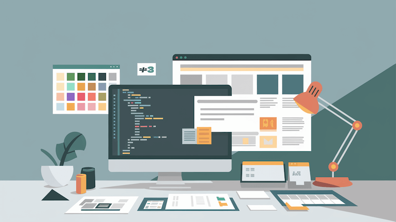 Monitor mit Code und Design-Tools für flexible WordPress-Webseiten-Gestaltung.