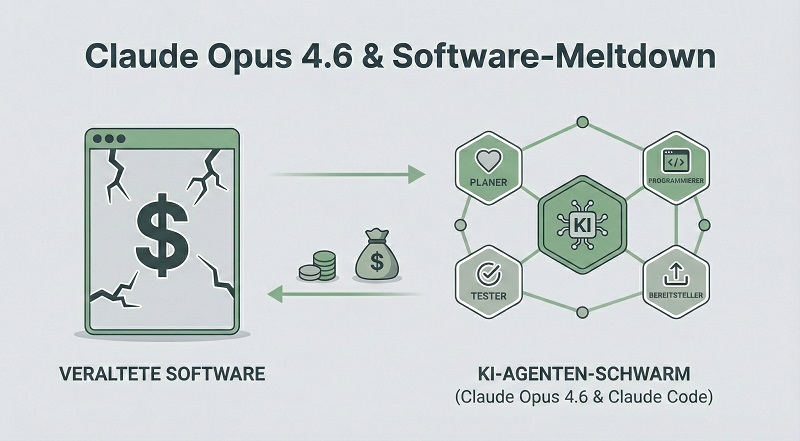 Infografik zum Software-Meltdown: Gegenüberstellung von teurer, veralteter Software und einem effizienten KI-Agenten-Schwarm mit Claude Opus 4.6 und Claude Code.