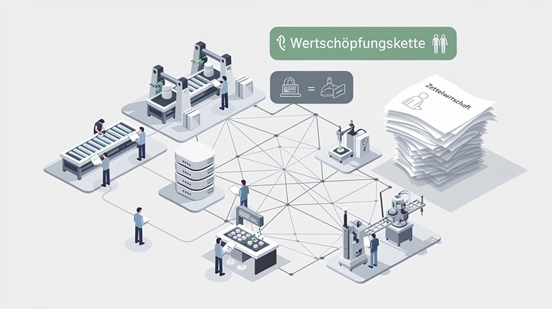 Mitarbeiter in moderner Fabrik steuert digitale Produktionsprozesse über Touchscreen, statt Papierlisten zu nutzen.