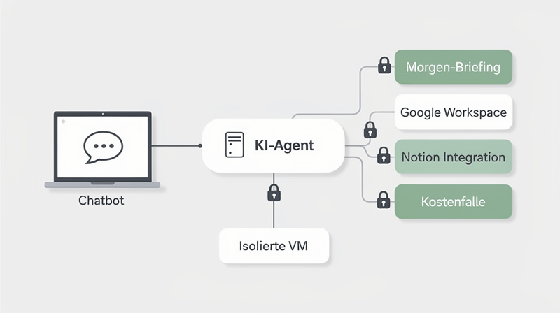Architektur-Diagramm KI-Agent autonome Workflows Chatbot zu digitalem Kollegen Planer Orchestrierung Google Workspace Notion 
